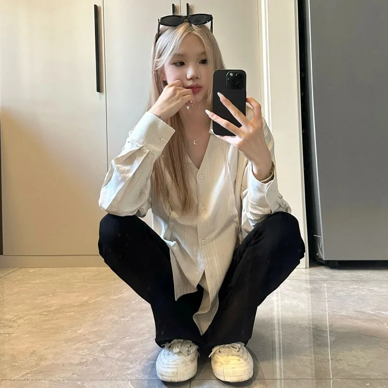 Color: Beige, Size: M - OL Shirts Women Slim Irregular Hem Design Single Breasted Design New Long Sleeve Tops Korean Trendy Simple All-match Temperament