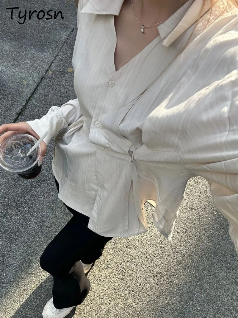 Color: Beige, Size: M - OL Shirts Women Slim Irregular Hem Design Single Breasted Design New Long Sleeve Tops Korean Trendy Simple All-match Temperament
