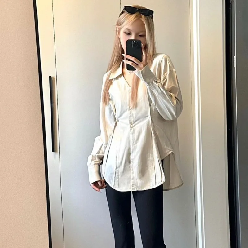 Color: Beige, Size: M - OL Shirts Women Slim Irregular Hem Design Single Breasted Design New Long Sleeve Tops Korean Trendy Simple All-match Temperament