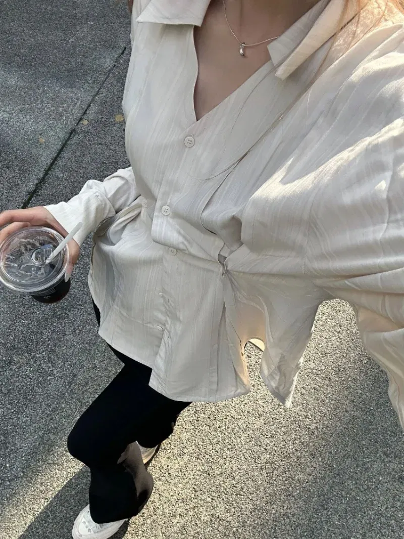 Color: Beige, Size: M - OL Shirts Women Slim Irregular Hem Design Single Breasted Design New Long Sleeve Tops Korean Trendy Simple All-match Temperament