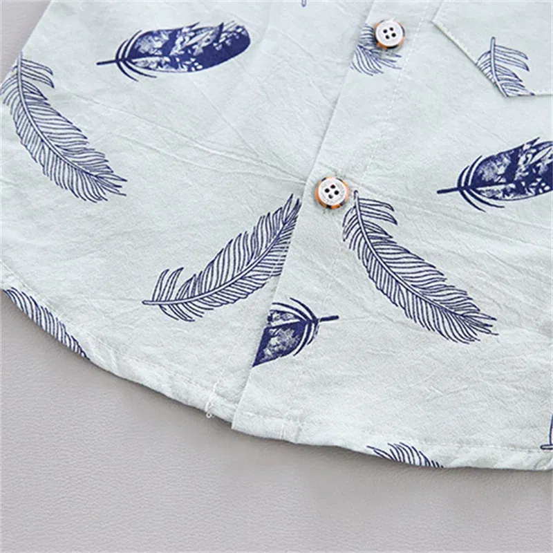 Color: WHITE, Kid Size: 9M - 0-3 Year Old Baby Summer Feather Print Shirt Short Sleeve Suit