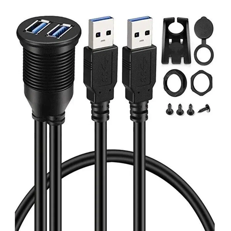 Cable length: 0.6m, Color: black - Dual USB 3.0 Male To USB 3.0 Female Extension Cable with Flush Mount Panel for Car Truck Boat Motorcycle