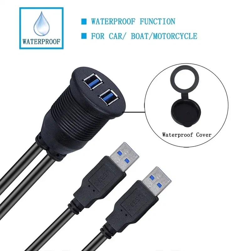 Cable length: 0.6m, Color: black - Dual USB 3.0 Male To USB 3.0 Female Extension Cable with Flush Mount Panel for Car Truck Boat Motorcycle