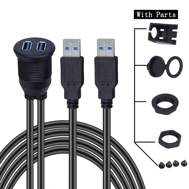 Cable length: 0.6m, Color: black - Dual USB 3.0 Male To USB 3.0 Female Extension Cable with Flush Mount Panel for Car Truck Boat Motorcycle