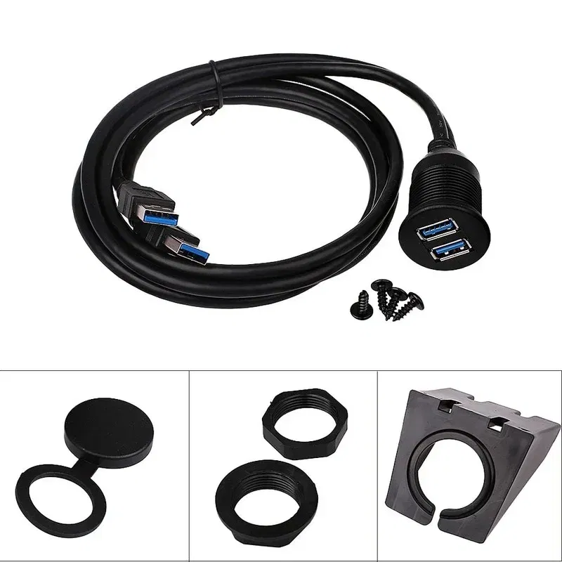 Cable length: 0.6m, Color: black - Dual USB 3.0 Male To USB 3.0 Female Extension Cable with Flush Mount Panel for Car Truck Boat Motorcycle