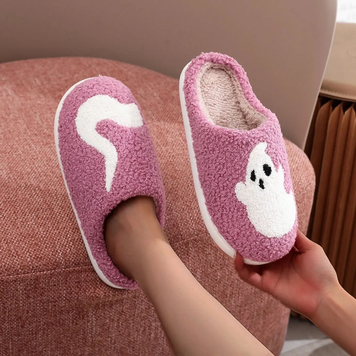 Color: PURPLE, Shoe Size: 40 - Halloween Ghost Pattern Home plaid stuffed Slippers Winter Warm Shoes Home Cotton Slippers Non-slip Thick Sole Holiday Gift Preferred
