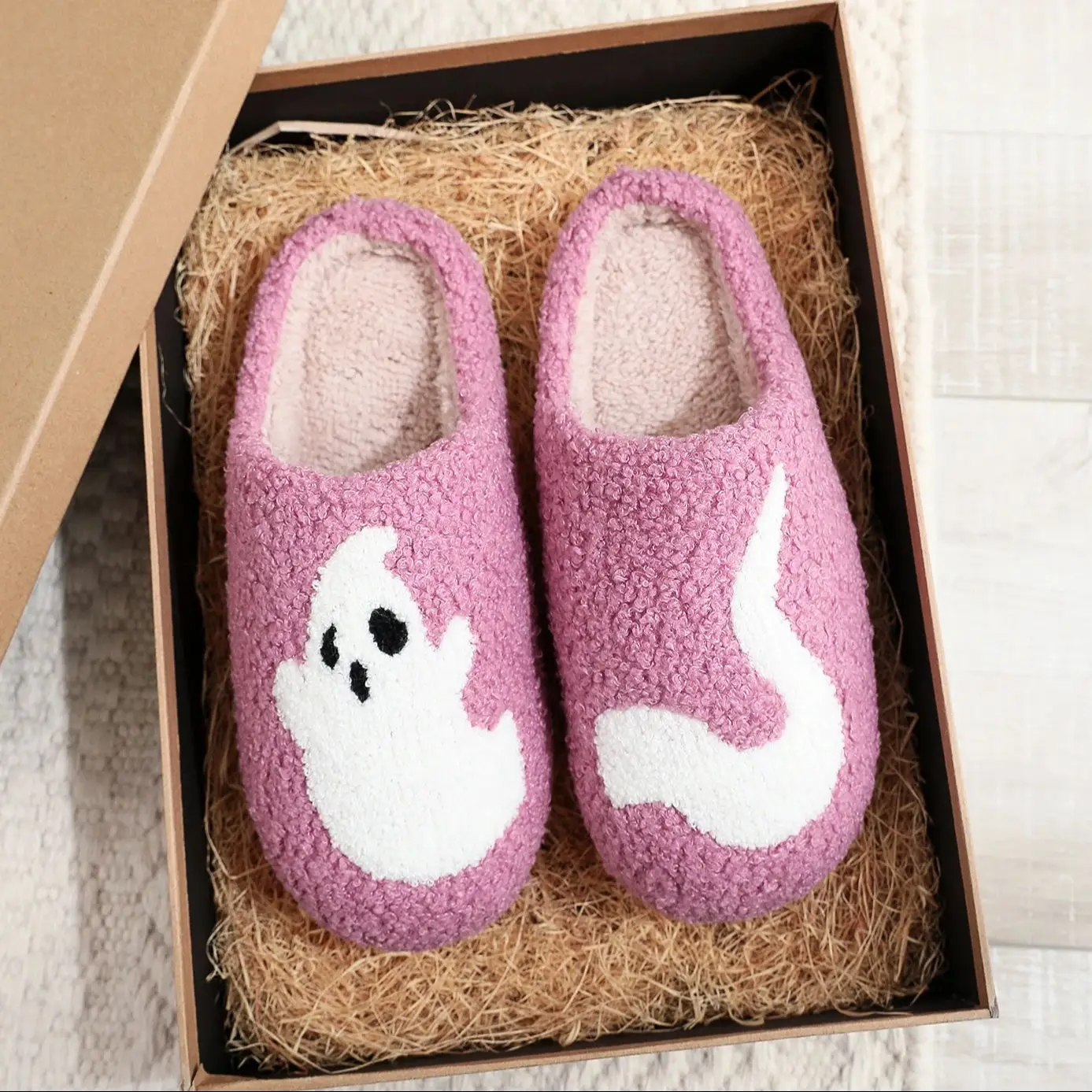 Color: PURPLE, Shoe Size: 40 - Halloween Ghost Pattern Home plaid stuffed Slippers Winter Warm Shoes Home Cotton Slippers Non-slip Thick Sole Holiday Gift Preferred