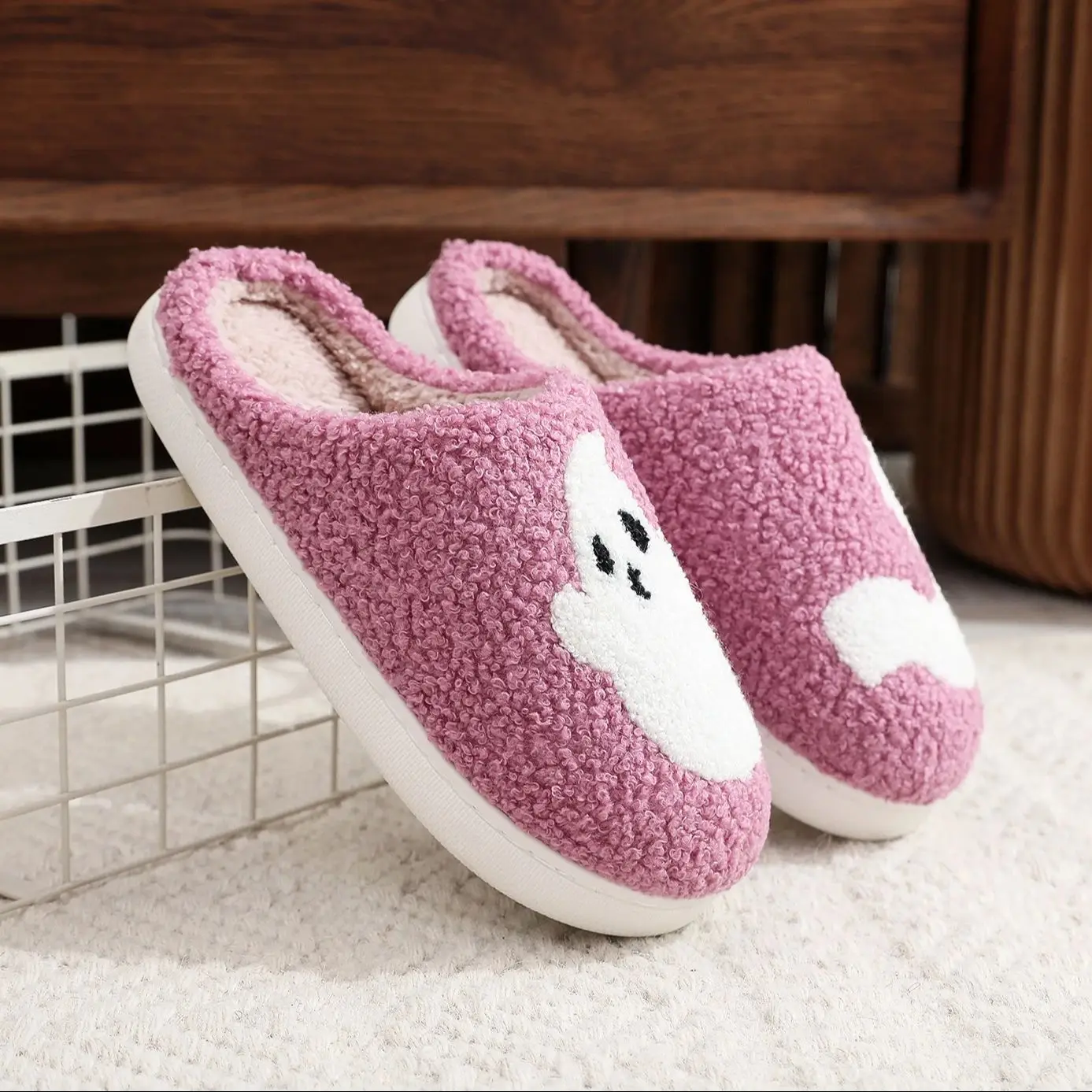 Color: PURPLE, Shoe Size: 40 - Halloween Ghost Pattern Home plaid stuffed Slippers Winter Warm Shoes Home Cotton Slippers Non-slip Thick Sole Holiday Gift Preferred