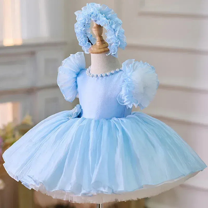 Kid Size: 3T, Color: Brown - 2025 Summer Baby Girls 1st Birthday Party Dress Toddler Kids Bow Fluffy Tutu Gown Flower Girls Blue Dresses For Wedding Ceremony