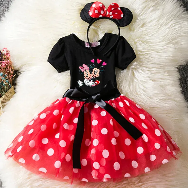 Color: Clear, Size: XXS - Cartoon Mickey Minnie Mouse Kids Short Sleeve Polka Dot Princess Dress 1-6Y Party Baby Girls Clothes Cosplay Costumes