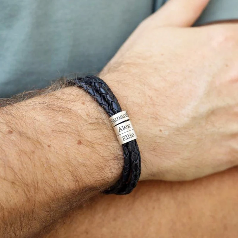 Metal Color: Steel color, Length: 19cm, Main Stone Color: WHITE - Personalized Names Men Leather Bracelet Braided Leather Bracelet Custom Family Names Bracelet Personalized Men Bracelet Gift