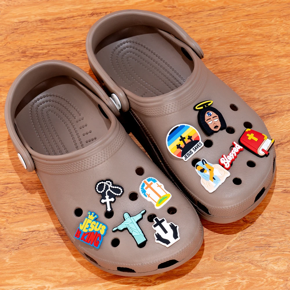 Color: Brown - 1pcs New Shoe Charm Religion PVC Clog Charms Crucifix Blessed Virgin Mary Clog Pin Clips Jeans Garden Sandal Shoe Decoration