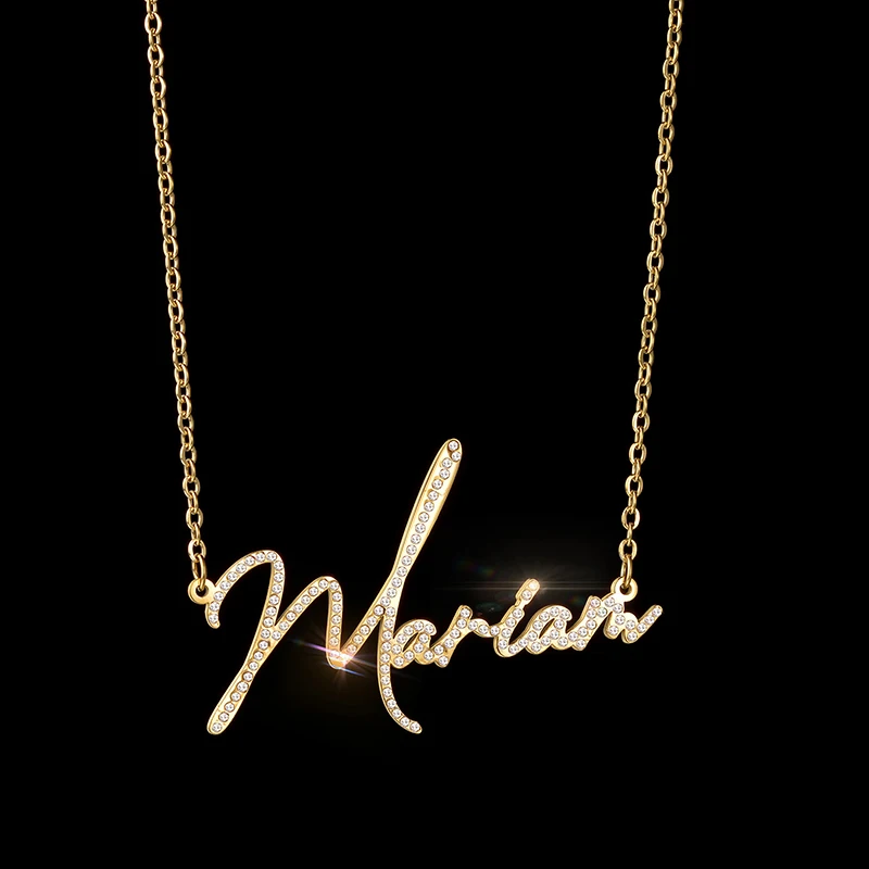 Metal Color: Gold-color, Length: 70cm - Auxauxme Custom Crystal Zircon Name Necklace for Women Stainless Steel Personalized Nameplate Golden Pendant Choker Jewelry Gift