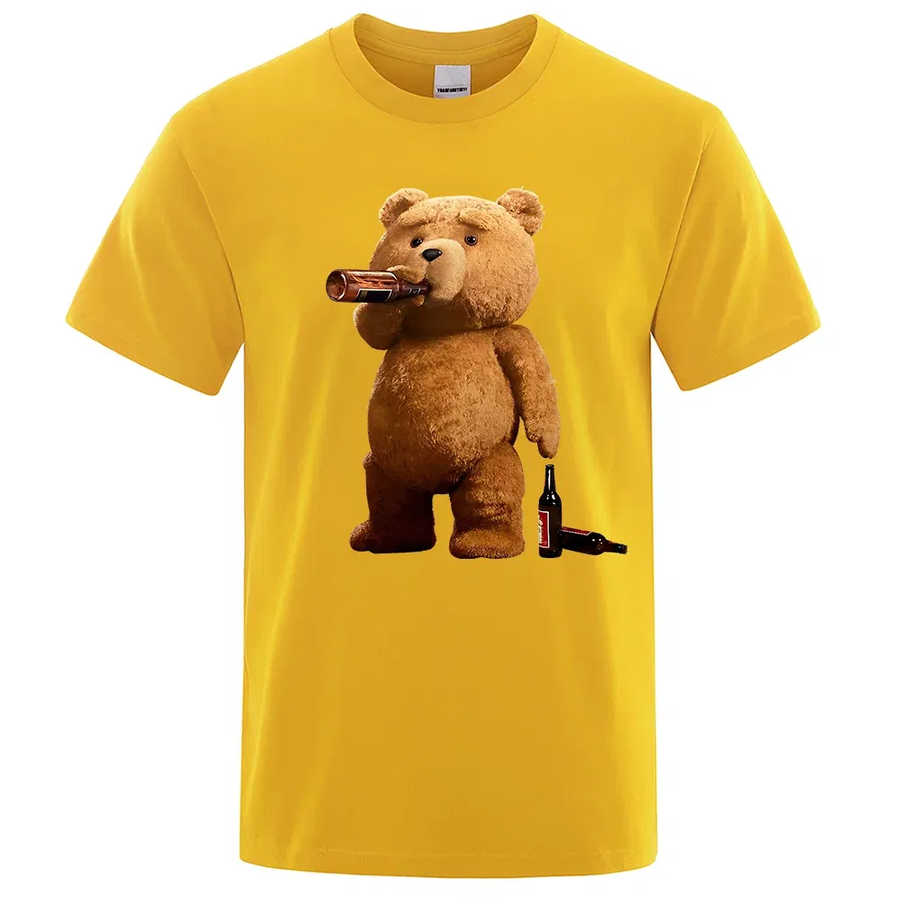 Color: Yellow, Size: XL - Lovely Ted Bear Drink Beer Poster Funny Printed T-Shirt Men Fashion Casual Short Sleeves Loose Oversize Tee Street Hip Hop Tops