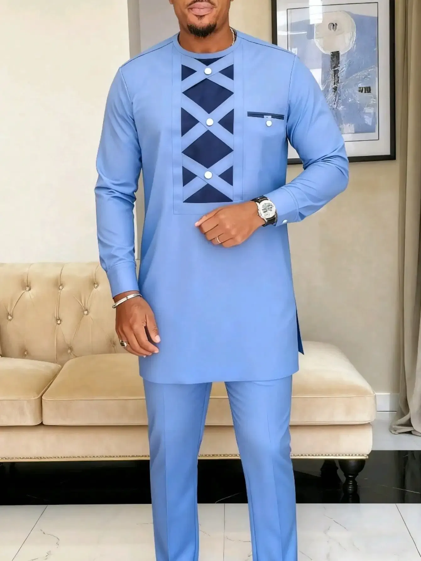 Color: Blue, Size: S - 2025 New men's suit, white pocket, 2-piece set, luxury wedding casual suit, traditional African style of ethnic minorities