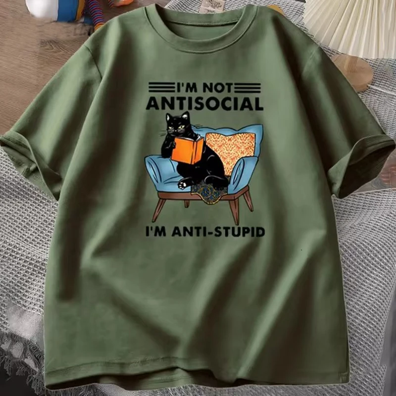Color: Brown, Size: XXL - funny cat reading book T-Shirts Graphic Tees Cotton Mens Clothing O Neck Meme Short Sleeve Tees Harajuku Fashion Womens Oversize