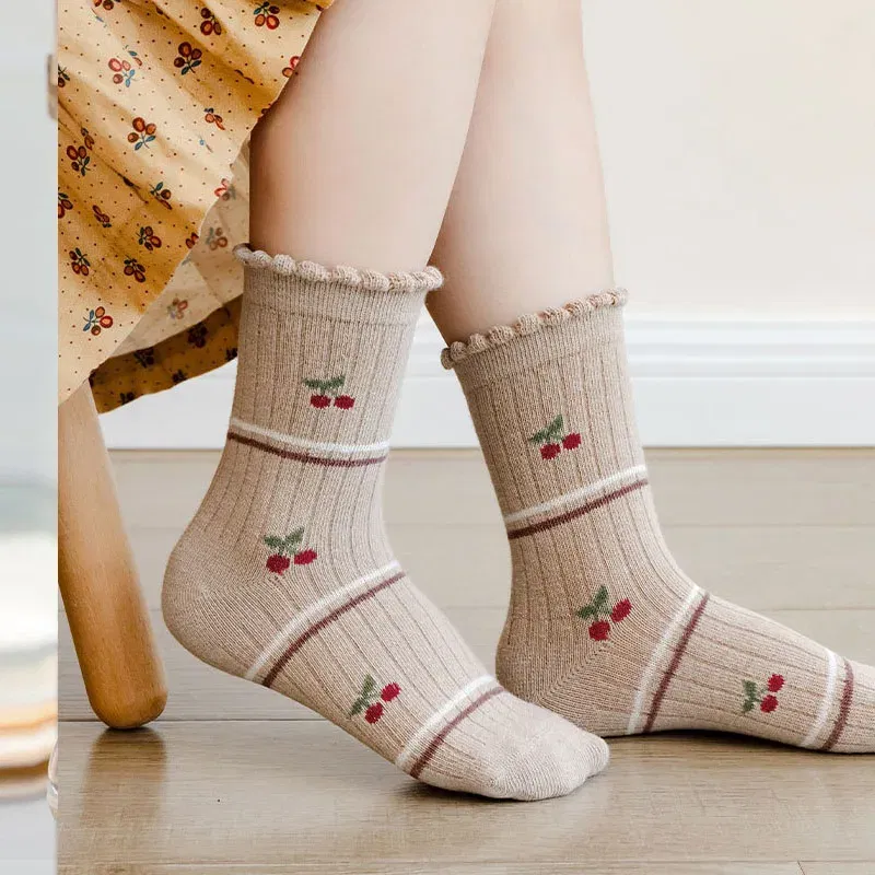 Color: SKY BLUE, Size: 2-3T - Autumn Winter Children's Socks Cute Coffee Bear Cartoon Cotton Socks Baby Girls 5 Pairs Mid Calf Socks