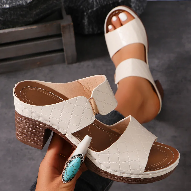 Color: Beige, Shoe Size: 37 - Women Summer Lightweight Hollow Sandals High Heels New Dress Chunky Open Toe Slippers Female 2024 Casual Slingback Slides Shoes