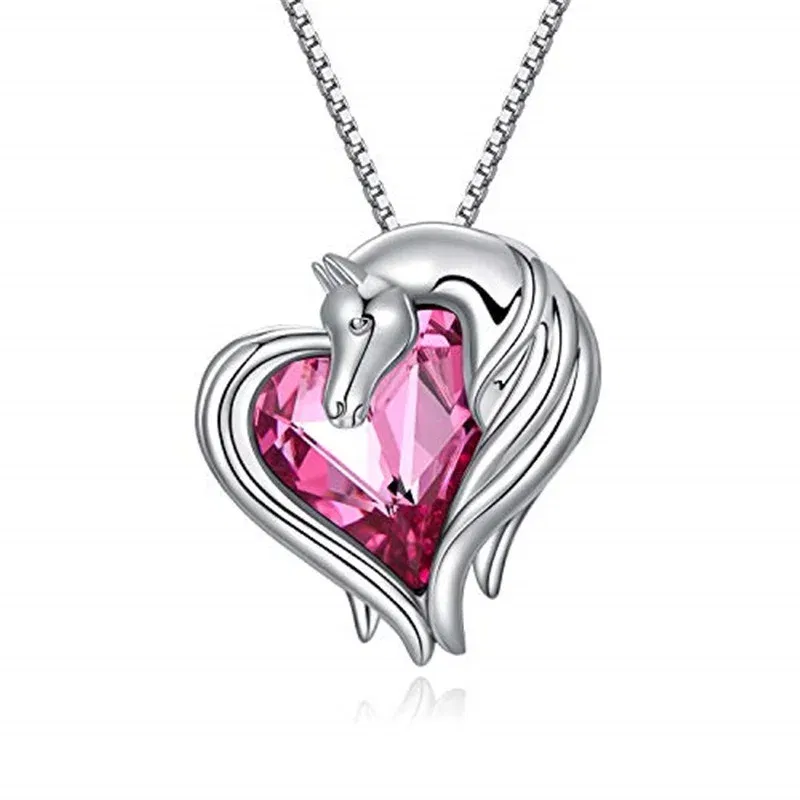 Metal Color: Steel color, Ships From: CHINA - 2 style Silver Horse in Heart Pendant Necklace Animal Jewelry Gift for Teen Girls Lovers Embellished with Crystals