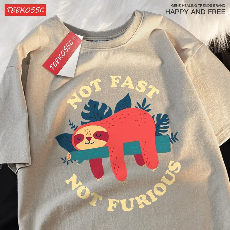 Color: green, Size: XXXL - Not Fast Not Furious Cute Sloth Male T Shirts Hip Hop Crewneck Short Sleeve Summer Cotton Tops Casual Sweat Oversized T-Shirts
