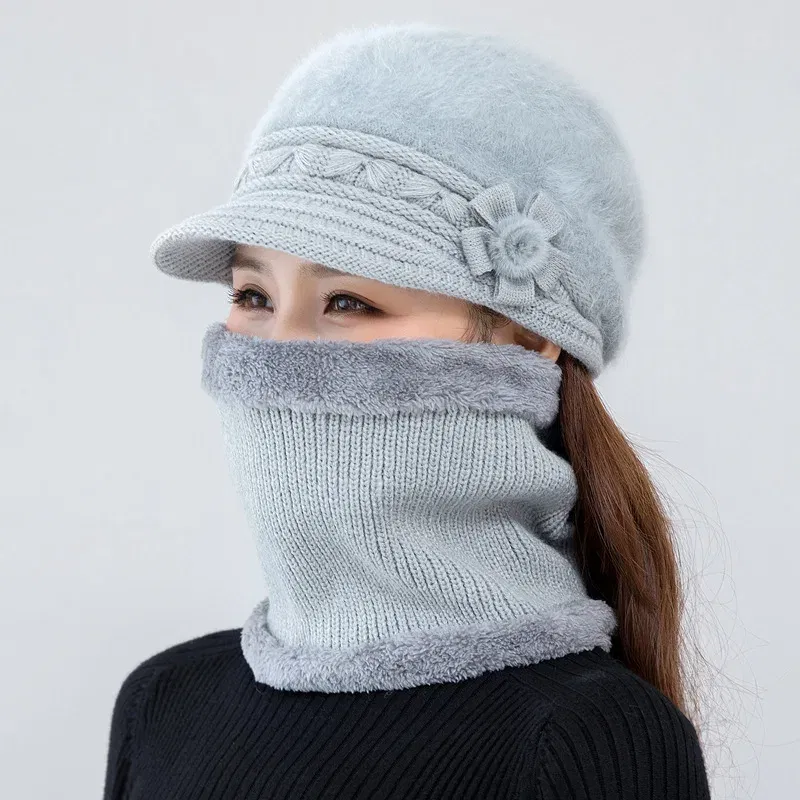 Color: Blue - New Women Winter Hat Keep Warm Cap Add Fur Lined Hat & Scarf Warm Set Fashion Hat For Women Casual Faux Fur Flower Knitted Hat