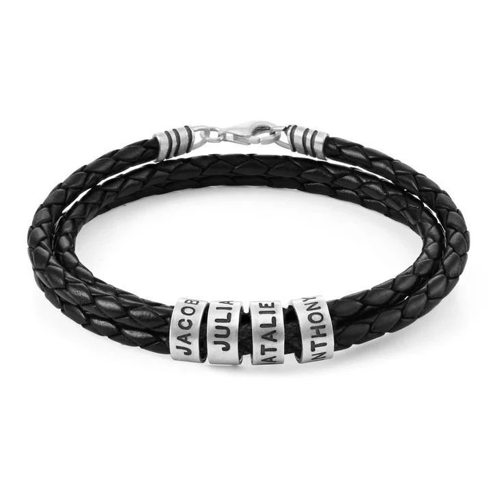 Metal Color: Steel color, Length: 17cm, Main Stone Color: black - Personalized Names Men Leather Bracelet Braided Leather Bracelet Custom Family Names Bracelet Personalized Men Bracelet Gift