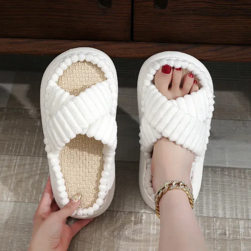 Color: Beige, Shoe Size: 4 - 2023 Autumn Winter New Women Home Slippers Open-Toe Cross Band Linen Soled Indoor Slides Linen Soled Non-Slip Bathroom Slippers