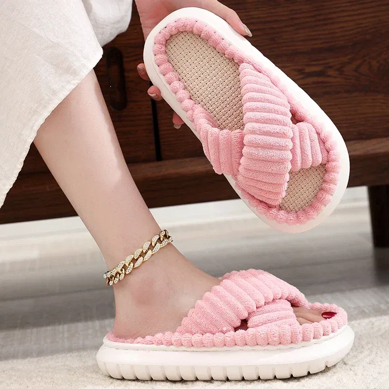 Color: Beige, Shoe Size: 4 - 2023 Autumn Winter New Women Home Slippers Open-Toe Cross Band Linen Soled Indoor Slides Linen Soled Non-Slip Bathroom Slippers