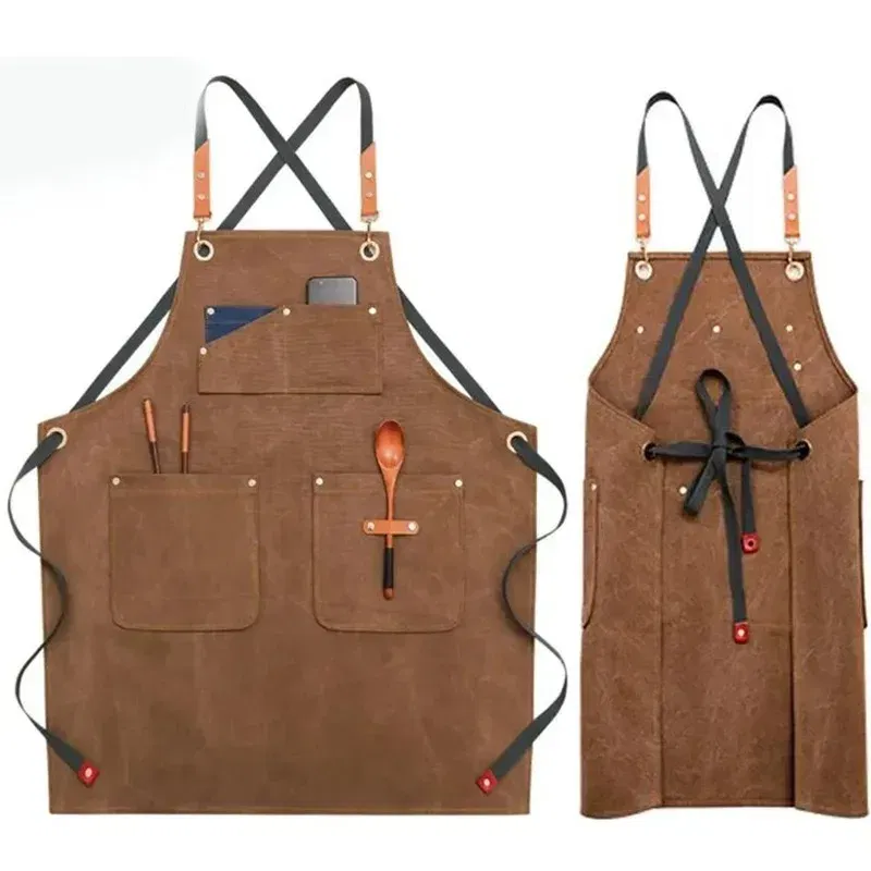 Color: Burgundy - Apron Men Women Aprons W/ Large Pockets Cooking Aprons, Canvas Cross Back Apron Adjustable Strap Baker Apron Kitchen Baking Bib