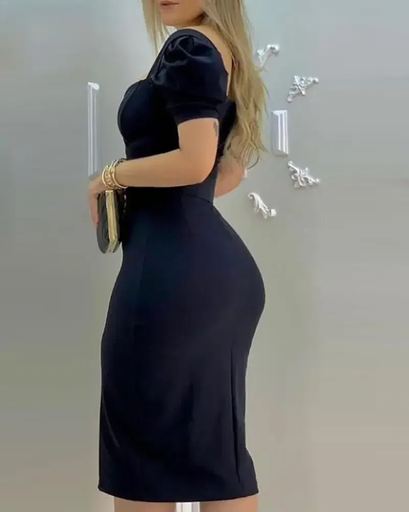 Color: PURPLE, Size: XL - Sexy Wrap Buttocks Dress Women Square Collar Puff Sleeve Dresses Basics Spliced Knee Length Slim Fit Sheath Sashes Solid