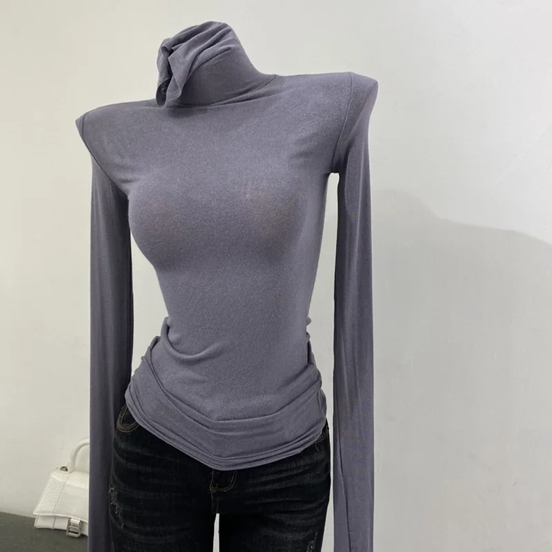 Color: GRAY, Size: One Size - Thin Soft American Long Sleeve T-shirt High Stacked Neck Tight Perspective Bottom Shirt Women's Slim Fit Tops Sexy Streetwear