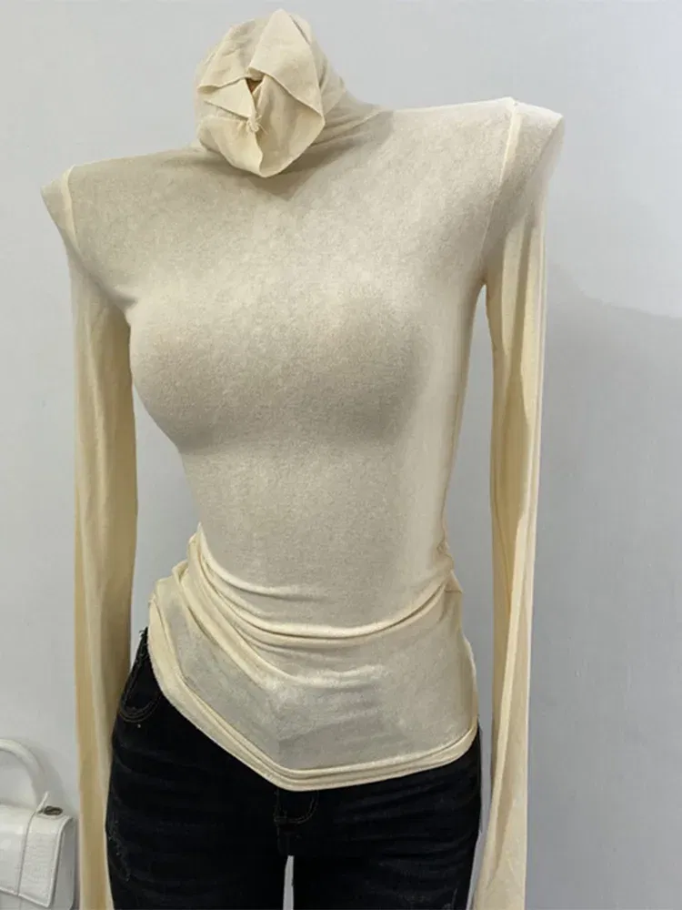 Color: GRAY, Size: One Size - Thin Soft American Long Sleeve T-shirt High Stacked Neck Tight Perspective Bottom Shirt Women's Slim Fit Tops Sexy Streetwear