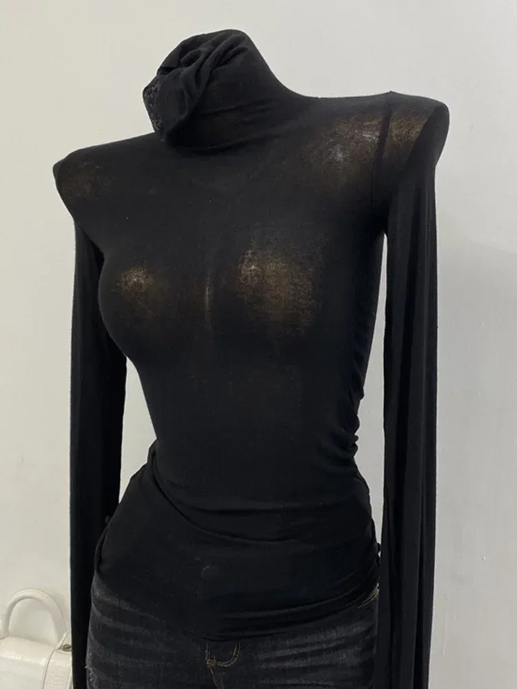 Color: GRAY, Size: One Size - Thin Soft American Long Sleeve T-shirt High Stacked Neck Tight Perspective Bottom Shirt Women's Slim Fit Tops Sexy Streetwear