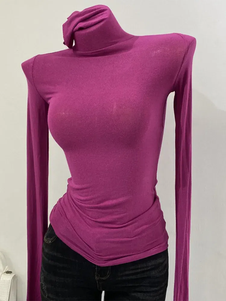 Color: GRAY, Size: One Size - Thin Soft American Long Sleeve T-shirt High Stacked Neck Tight Perspective Bottom Shirt Women's Slim Fit Tops Sexy Streetwear