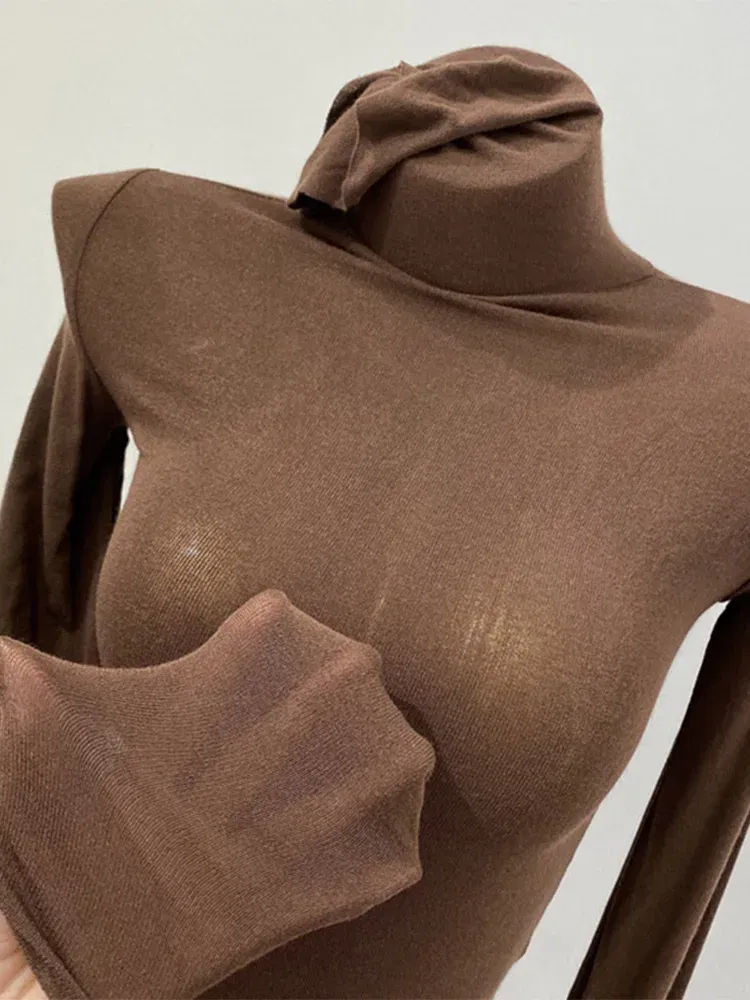 Color: GRAY, Size: One Size - Thin Soft American Long Sleeve T-shirt High Stacked Neck Tight Perspective Bottom Shirt Women's Slim Fit Tops Sexy Streetwear