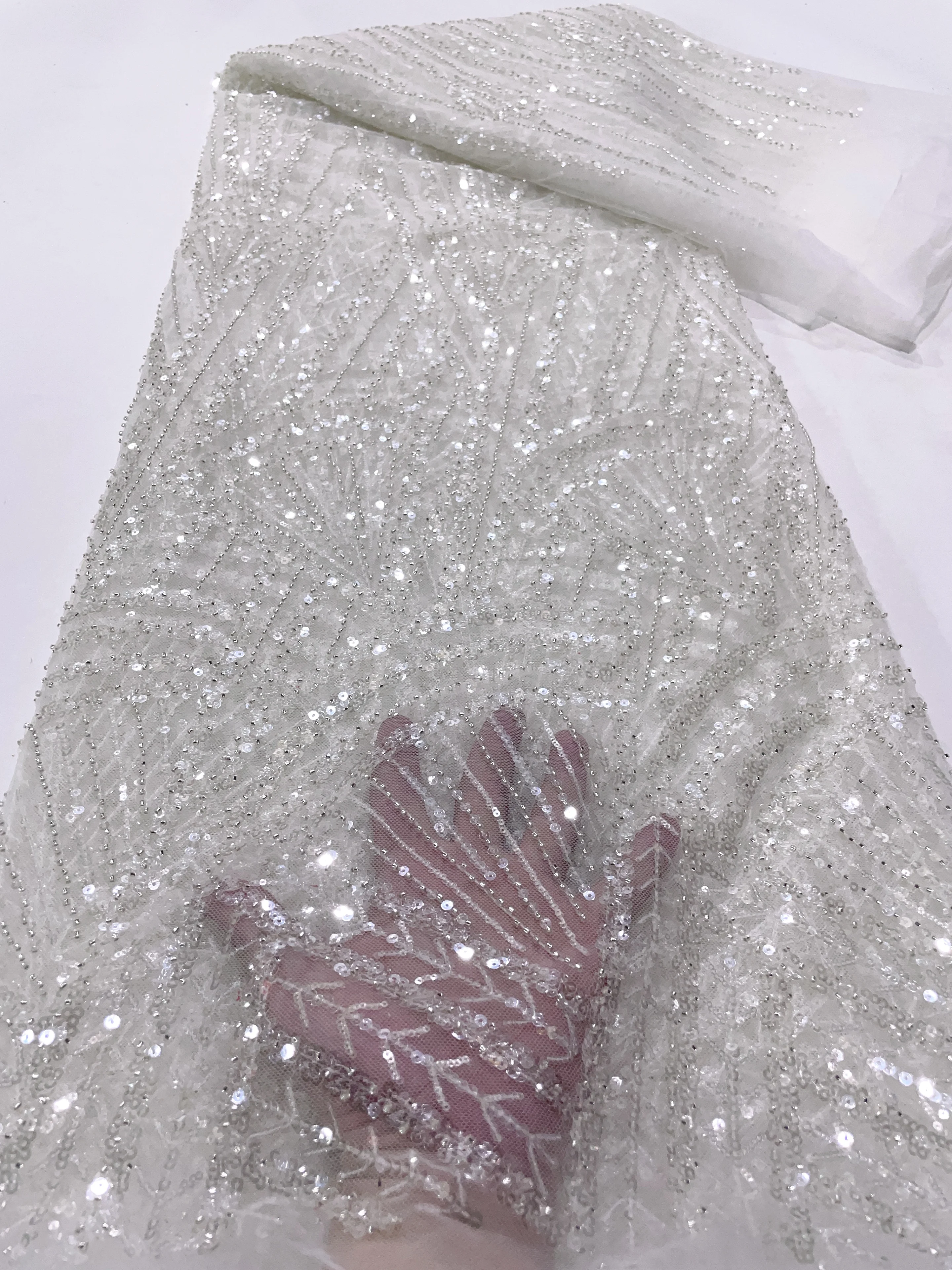 Color: WHITE, Width: 120cm, Length: 5 yards - African Lace Fabric 5 Yards Latest Nigerian Laces Fabric High Quality Embroidered Net Fabric Mesh Lace 2024 French Sequins Lace
