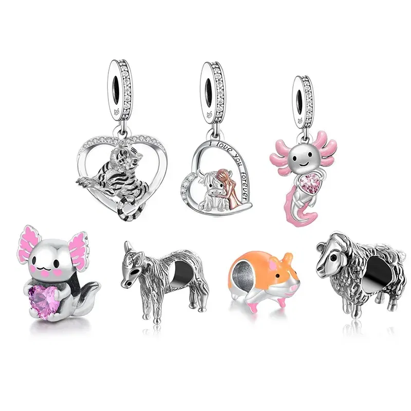 Color: SKY BLUE - Fit Original Pan Charm Bracelet 925 Silver Sheep Tiger Highland Cow Tiger Mexico Axolotl Hamster Bead For Making Berloque