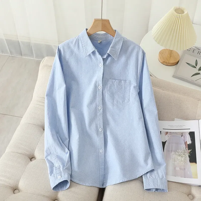 Color: Blue, Size: L - Women's Casual Cotton Oxford Shirt 2023 New Woman Striped Blouse and Tops Simple Solid Lady White Blue Shirts Clothes