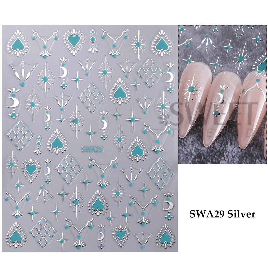 Color: Beige - Metallic Bohemian Style Nail Sticker Gold Silver Lace Lines Green Gem Love Heart 3D Holographic Manicure Sliders Nail Decoration