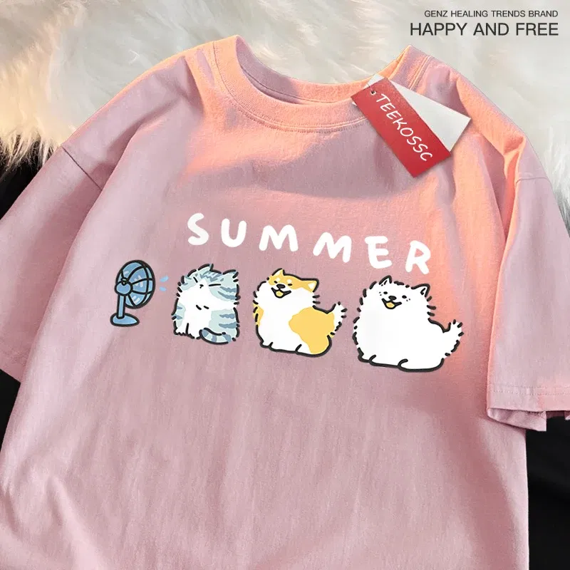 Color: black, Size: S - Cats And Dogs Blowing Fans Print T Shirts Men Women Cute Crewneck Clothes Loose Summer T-Shirts Fashion Cotton Short Sleeve