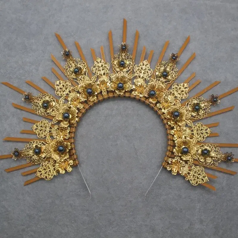 Color: GRAY - MATERIAL PACKAGE Sunburst Goddess Gold Spike Mary Halo Crown Headpiece NYLON ZIP TIE Wedding Bride Hair Band Tiar
