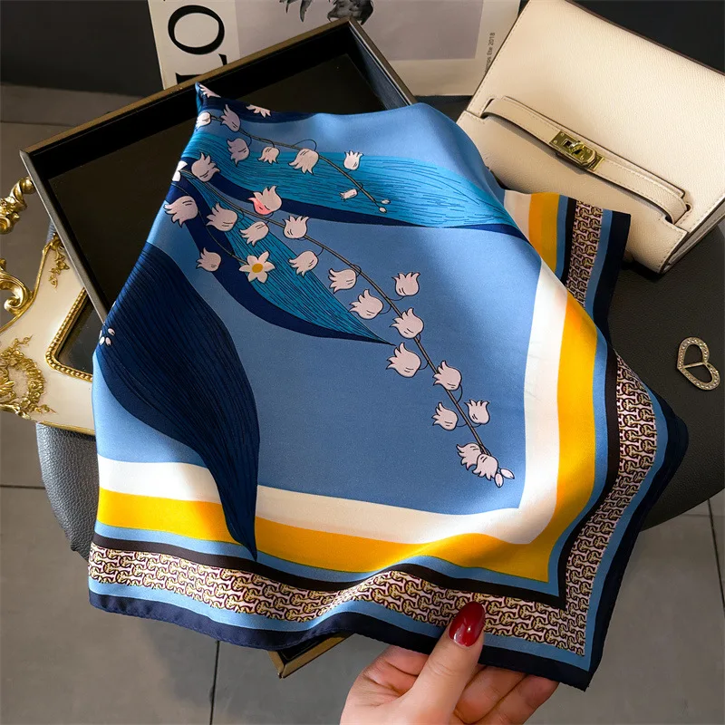 Color: Blue, Size: One Size - Cat Paw Print 70*70cm Silk Square Scarf Women Soft Satin Foulard Bag Ribbon Female Hairband Neckerchief Hijab Scarfs Headband