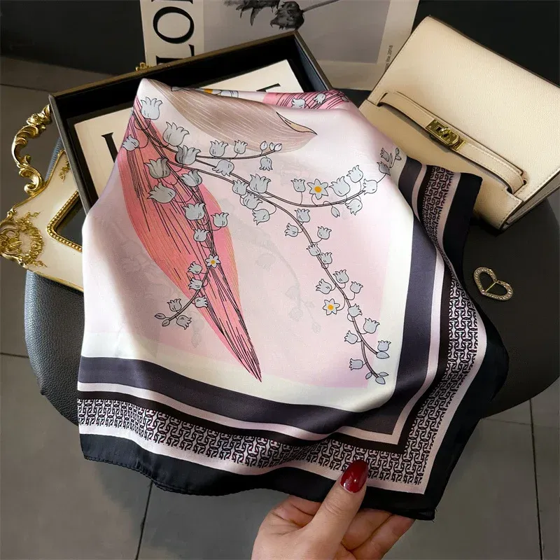 Color: Blue, Size: One Size - Cat Paw Print 70*70cm Silk Square Scarf Women Soft Satin Foulard Bag Ribbon Female Hairband Neckerchief Hijab Scarfs Headband