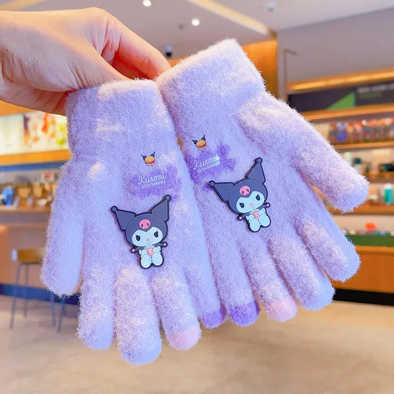 Color: Lemon yellow - Sanrio Gloves Kawaii My Melody Kuromi Cold-Proof Winter Finger Gloves Plush Screen Touch Warm Children Toddler Christmas Gifts