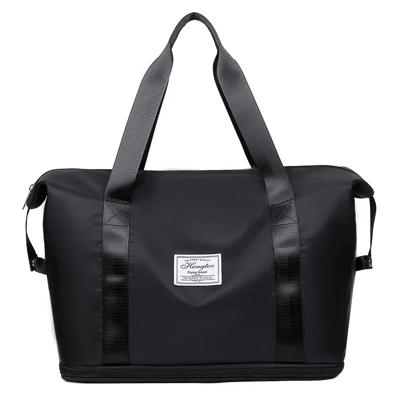 Color: black - Double-layer expandable large-capacity luggage bag, new multi-functional foldable portable gym bag, sports travel bag-tan
