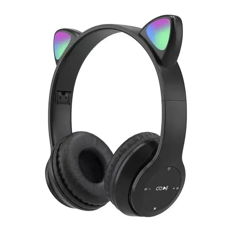 P47M Cute Cat Ear Bluetooth Headphones with LED Wireless Headset Children Girls Stereo Folding Sports Headset with Microphone