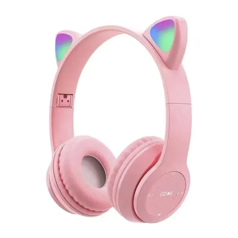 P47M Cute Cat Ear Bluetooth Headphones with LED Wireless Headset Children Girls Stereo Folding Sports Headset with Microphone