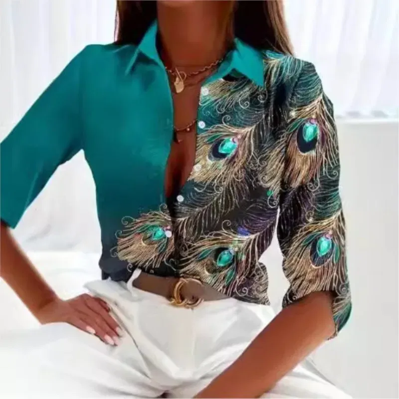 Color: Ivory, Size: XL - Fashionable Ladies Trendy Long Sleeved Shirt With Feather Gemstone Print Buttons Lapel Shirt Sleeves Autumn Elegant Ladies Shirt