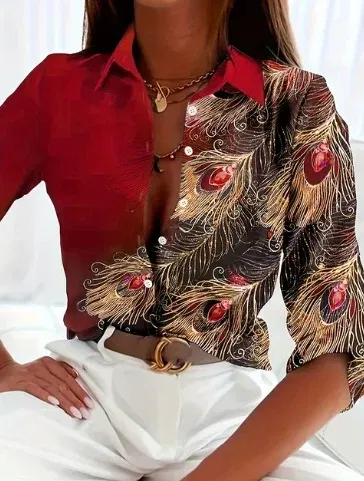 Color: Ivory, Size: XL - Fashionable Ladies Trendy Long Sleeved Shirt With Feather Gemstone Print Buttons Lapel Shirt Sleeves Autumn Elegant Ladies Shirt