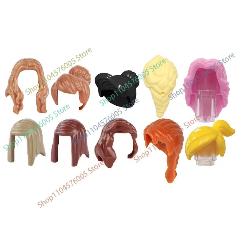 Color: Chrome Gold - MOC Brown Hair Building Blocks City Figures Body Creative Accessory Blond Gold White Parts DIY Hats Mini Bricks Assemble Toy S04